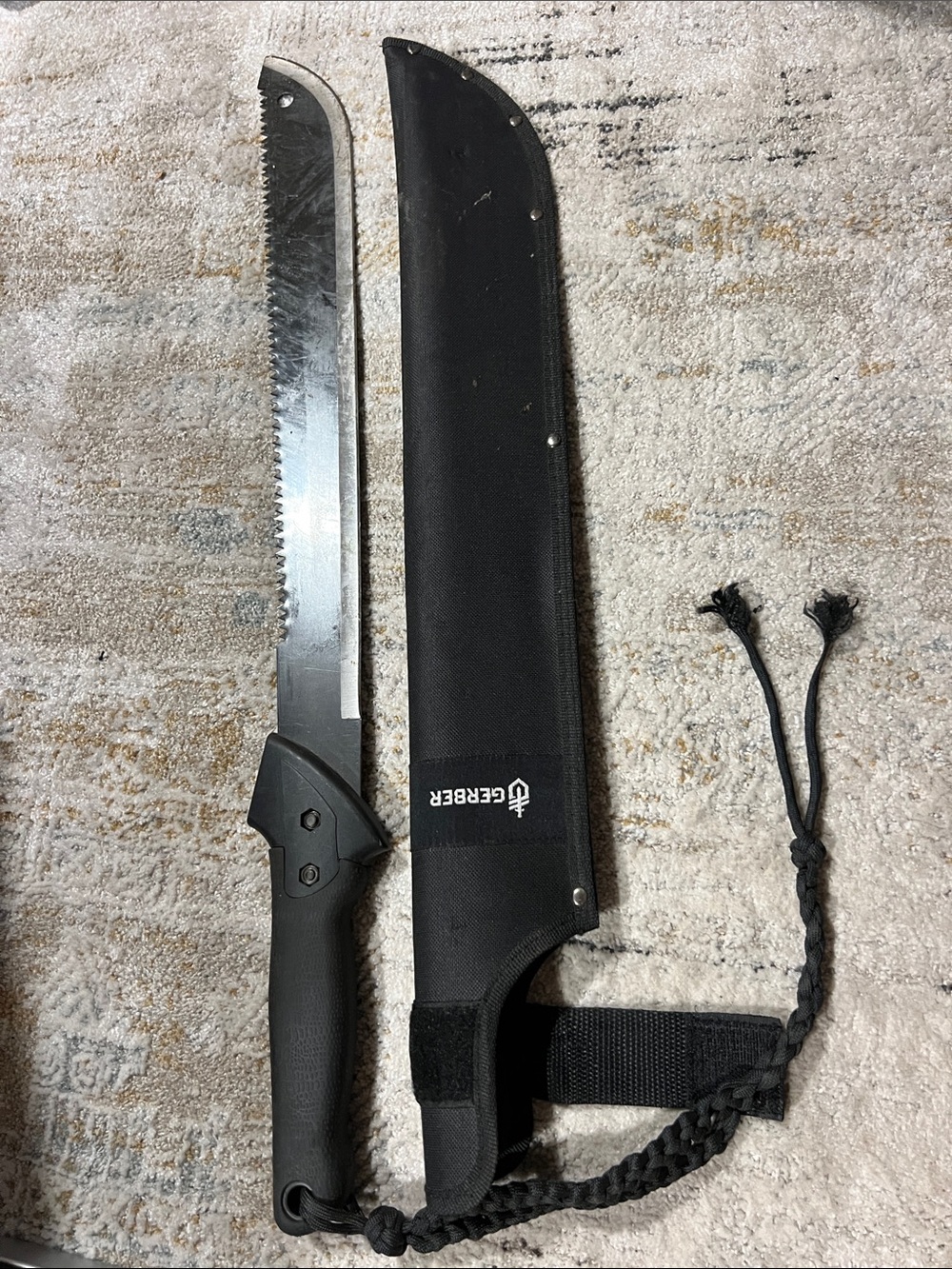 Gerber Black Serrated Machete with Black Sheath and Lanyard